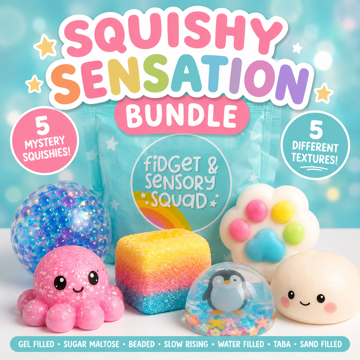 Squishy Sensation Mystery Bundle – 5 Unique Textured Squishes